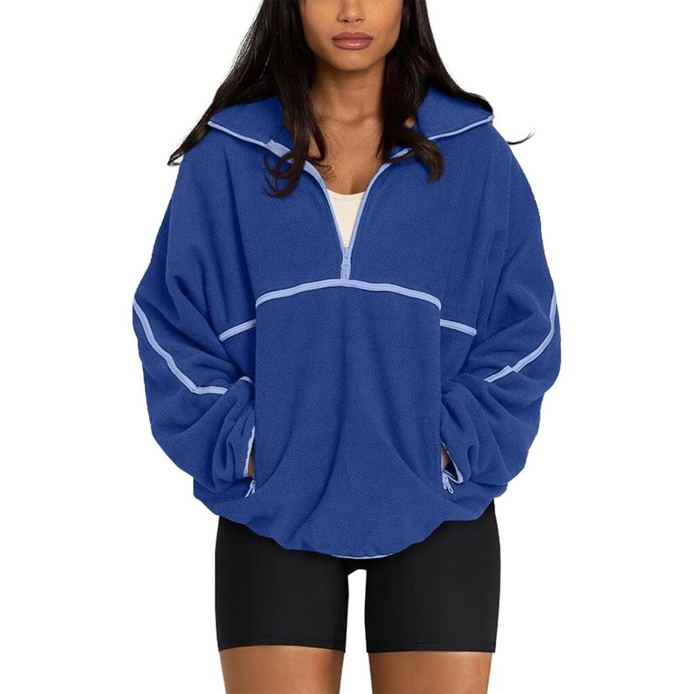 Women's Bright Blue Half Zip Pullover Sweatshirt Sherpa Fleece Jacket Oversized